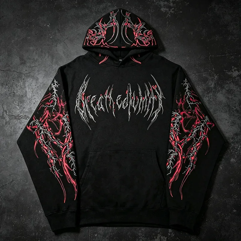Men Alt Gothic Pullover Hoodie Y2k High Street American Style Dark Thorn Print Fleece Lined Loose Biker Fall Winter Sweatshirt