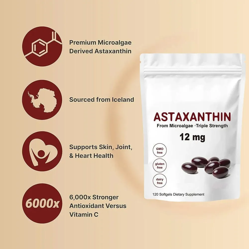 Astaxanthin 12mg Softgels - Astaxanthin Antioxidant Supplements Supports Eye Joint Skin & Circulation Health Natural Tanning