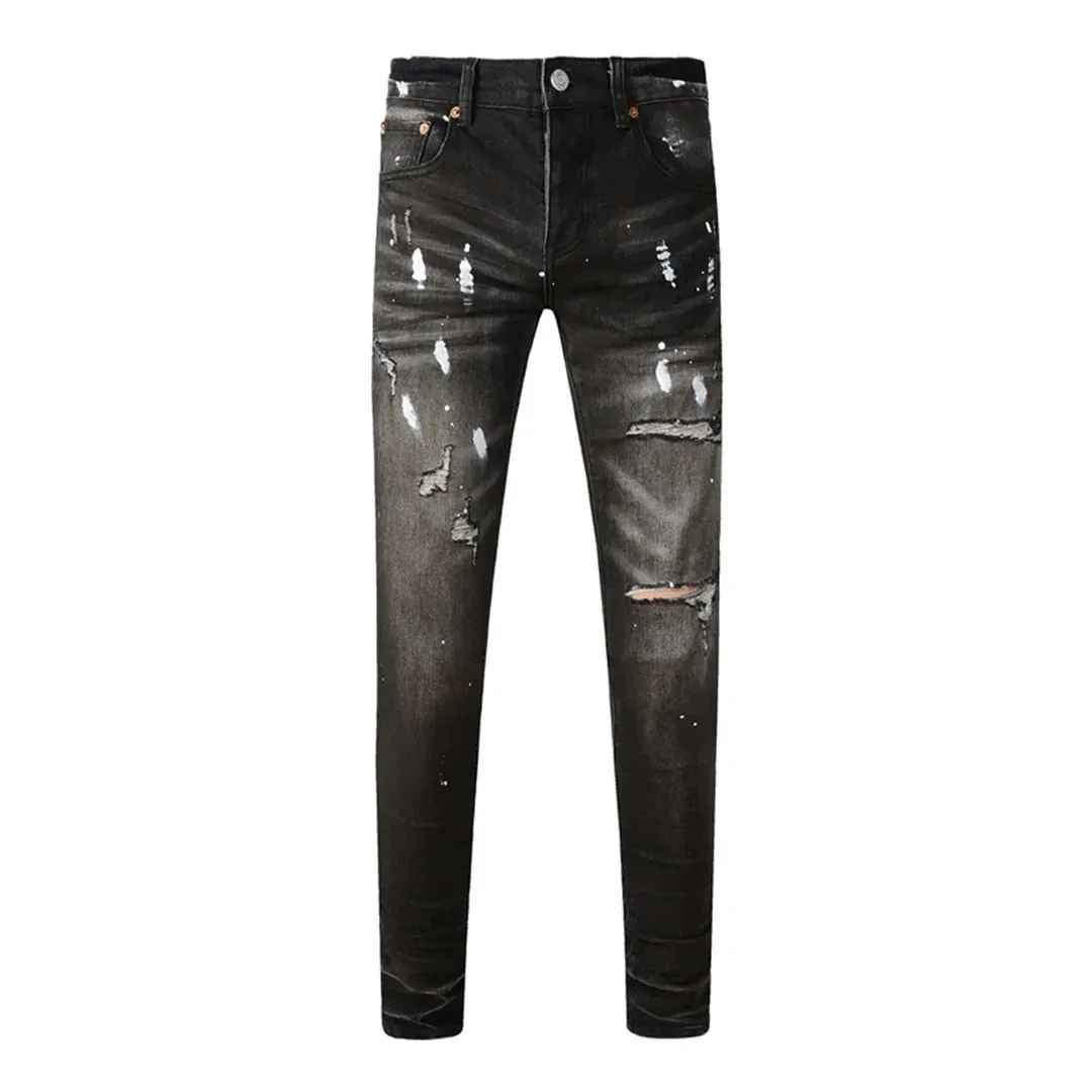 High Street Brand Men's Jeans American Distressed Coated Blank Stretch Skinny Button Fly Ripped Pants Trousers
