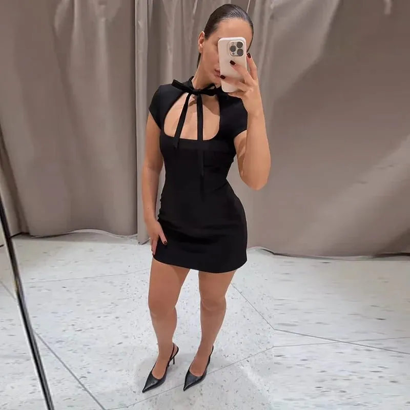 Sexy Polk Dot Women's Dress Club Lace Up Hollow Out Short Sleeve Hip Package Female Mini Dresses 2026 Spring Summer Lady Robe