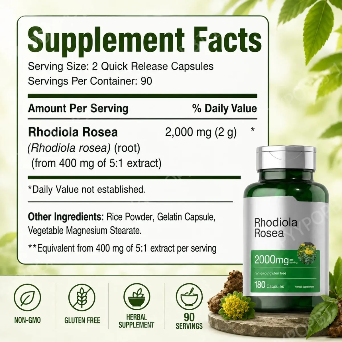 Rhodiola Rosea Root Extract 2000mg Equivalent Herbal Dietary Supplement 180 Capsules