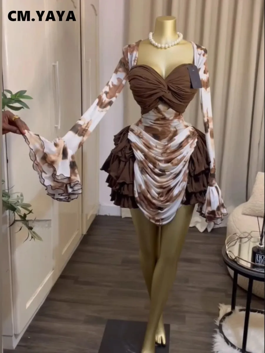CM.YAYA Donna Tie Dye Stampa Cascata Ruffles Campana Manica lunga Aderente Increspato Drappeggiato Abito con scollo a V Vacanza al mare Abiti da vacanza