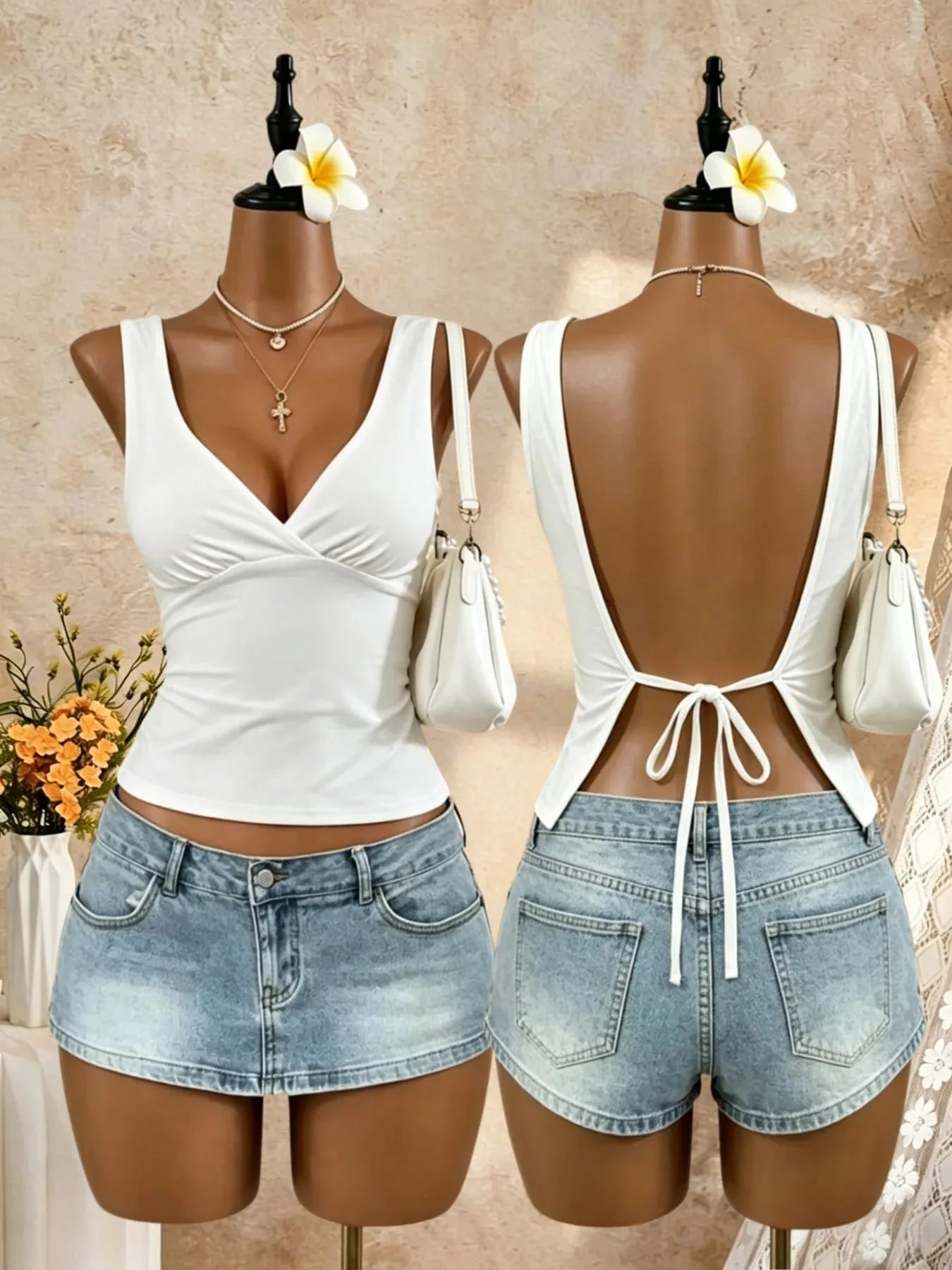 Women Wide Strap Deep V Wrap Front Open Back Tie Slim Crop Camisole 2026 Summer Y2K Going Out Streetwear Tank Tops