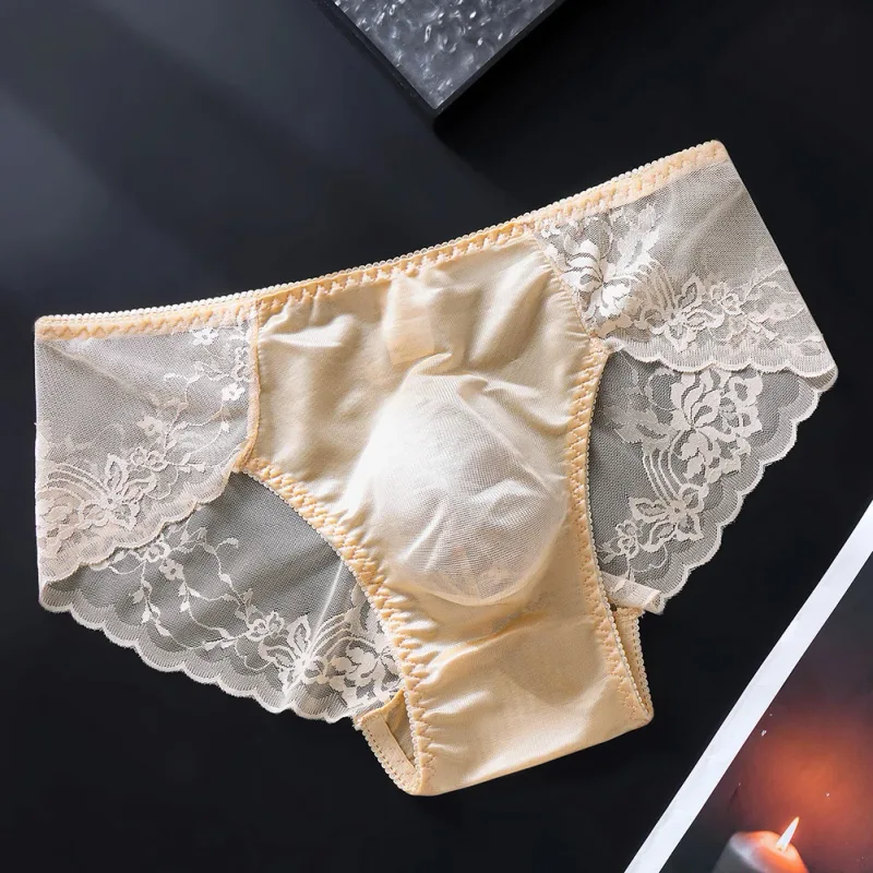 Cuecas masculinas de renda sem costura cuecas de seda gelada 3D bolsa com protuberância calcinha gay de cintura baixa