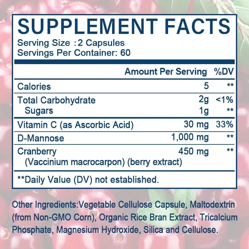 D-Mannose Capsules - with 1000mg Cranberry Extract - Cleanses Detoxifies Supports Urinary Tract Health