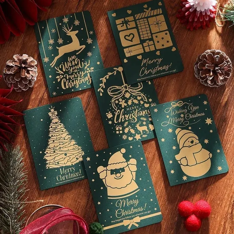10Pcs Vintage Gold Foil Christmas Folding Greeting Cards Multi Pattern Blessing Holiday Cards New Year Postcard Gift Cards