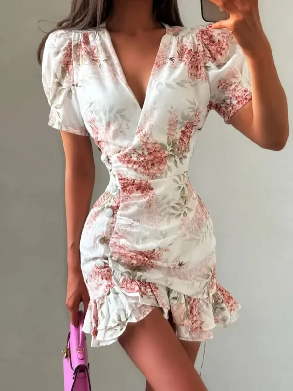 Collection Of Popular Printed Short Dress Deep V Neck A-line Bodycon Party Dresses 2026 Lady Spring Summer Vacation Outfits New