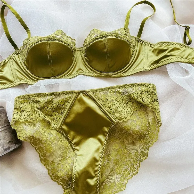 Hot Push Up Lace Bra Set Sexy Lingerie Minimizer Underwire Anti-Sagging Side Coverage Balconette for Big Bust Women 32-38 Suit
