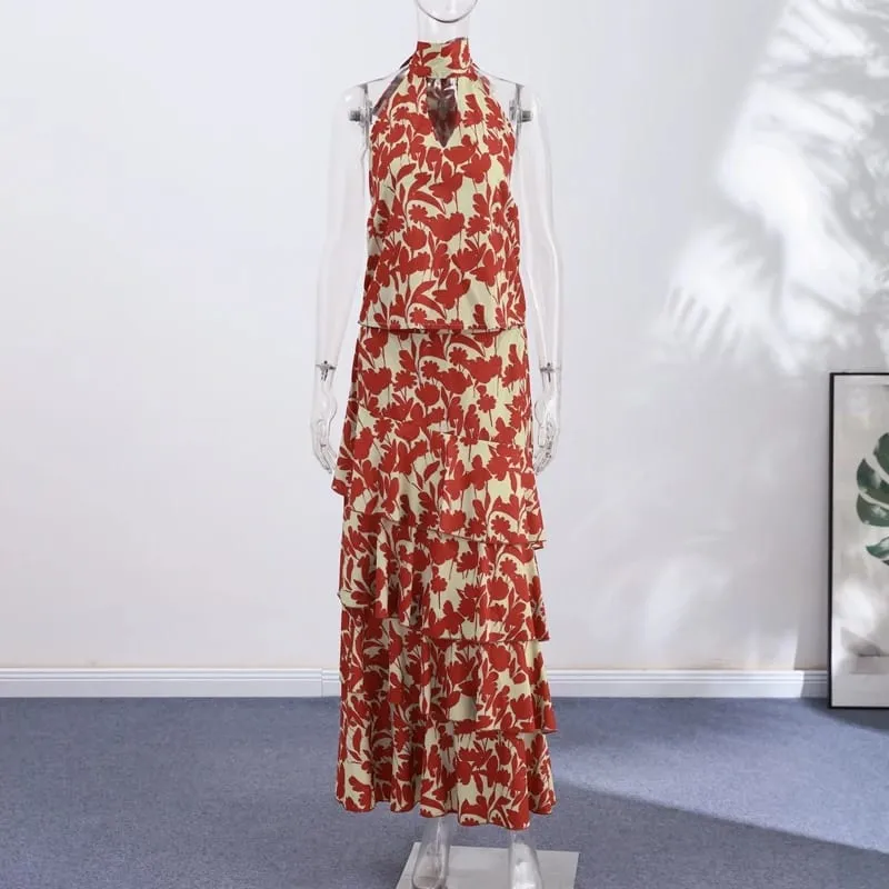 Hollow-out Halter Maxi Dresses Women Sleeveless Backless Waist-cinching Ruffles Dress 2026 New Ladies Summer Party Evening Robe