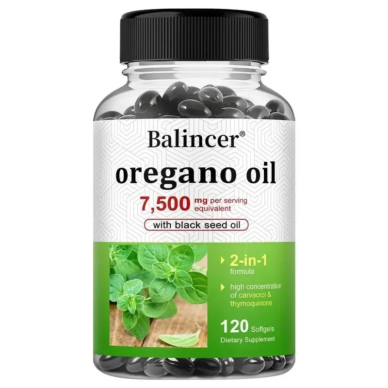 오레가노 오일 7 500 Mg(블랙 씨드 오일 포함) – 높은 카르바크롤 지원 소화기 뼈 신경 근육 및 면역 건강