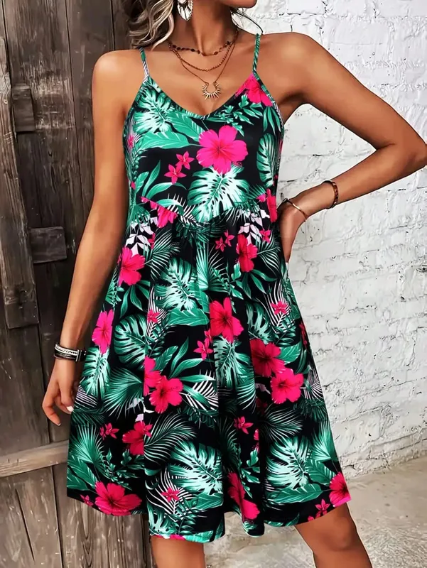 Summer Vacation Style Print V-Neck Spaghetti Strap Dress Camisole Dress for Vacation Outfits Bohemia Dresses for Women Summer