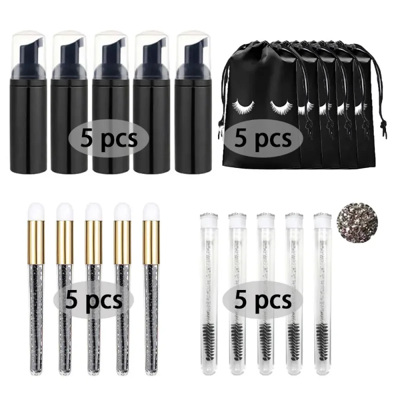 60ml Refillable Empty Plastic Pump Bottle Lash Extension Cleaning Kit Long Rod Brush Lash Curler Dust Tube EVA Storage Bag Tools