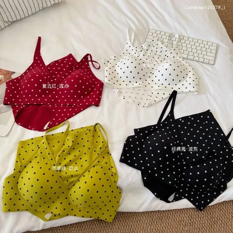 Set di biancheria intima americana retrò a pois senza soluzione di continuità reggiseno a V profondo supporto morbido gelatina senza fili anti-cedimento reggiseno sexy MOYISU per donna
