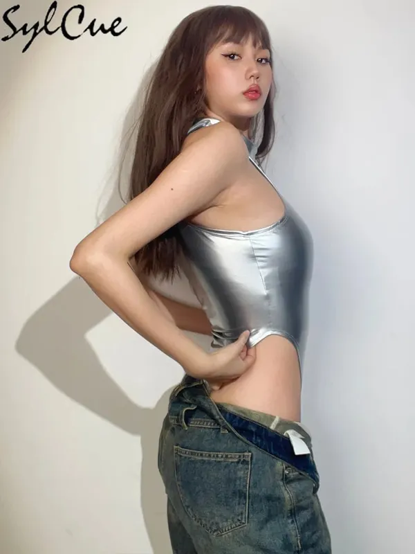Sylcue Silver Reflective Transparent Personality Self-Confidence Avant-Garde Sexy Mature Hot All-Match Tight Women'S Jumpsuit
