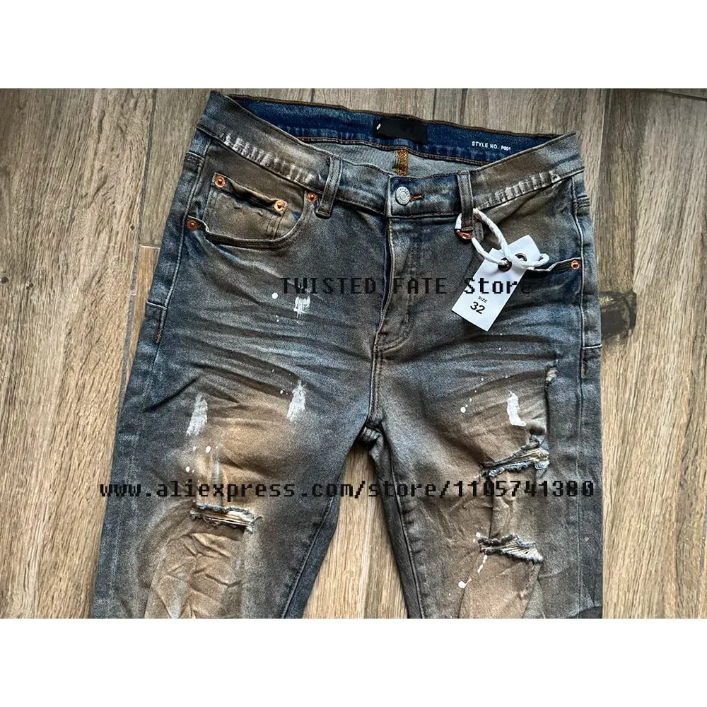 Men's High Street Distressed Dirty Washed Light Blue Cut Out Stretch Skinny & Slim Fit Spray Painted Ripped Jeans — image 3