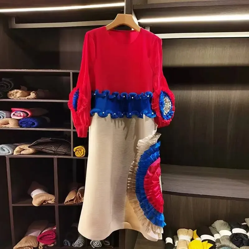 Pleated Tie Flower Long Sleeve Women's Dress Chic New Loose Colorblock Patchwork Design Beading Famale Clothing 2DB6651
