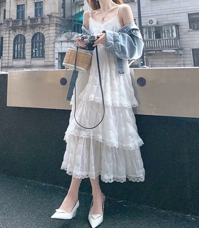 여름 Befree 긴 빈티지 캐주얼 프릴 우아한 맥시 스트랩 Camis 실키 비치 레이스 우아한 파티 드레스 Vestidos 섹시한 여성