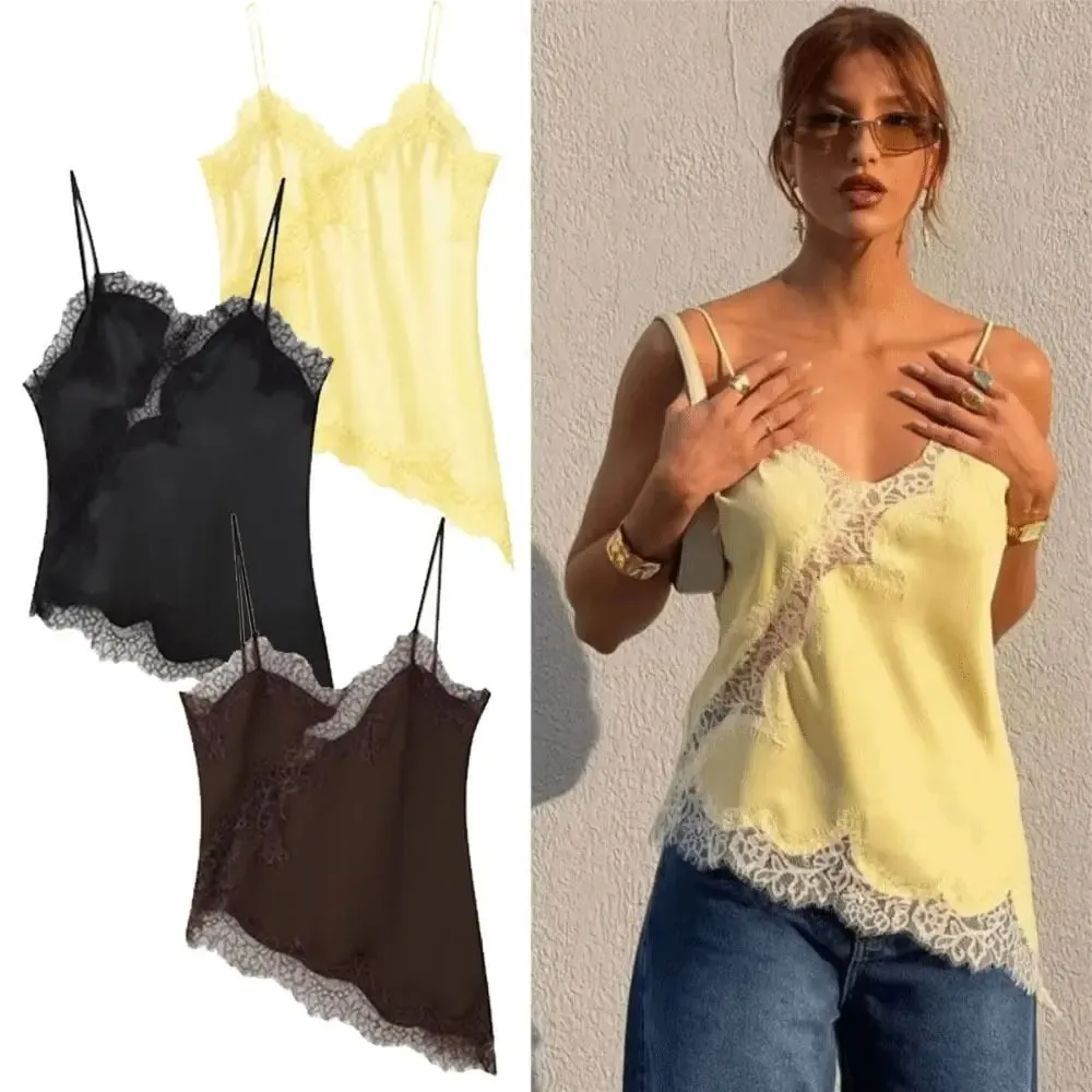 Thanh lịch Bất Đối Xứng Ren Ren Miếng Dán Cường Lực Top Không Tay Hở Lưng Yếm Áo Cổ Chữ V Ren Nữ bể Mặc Mùa Hè