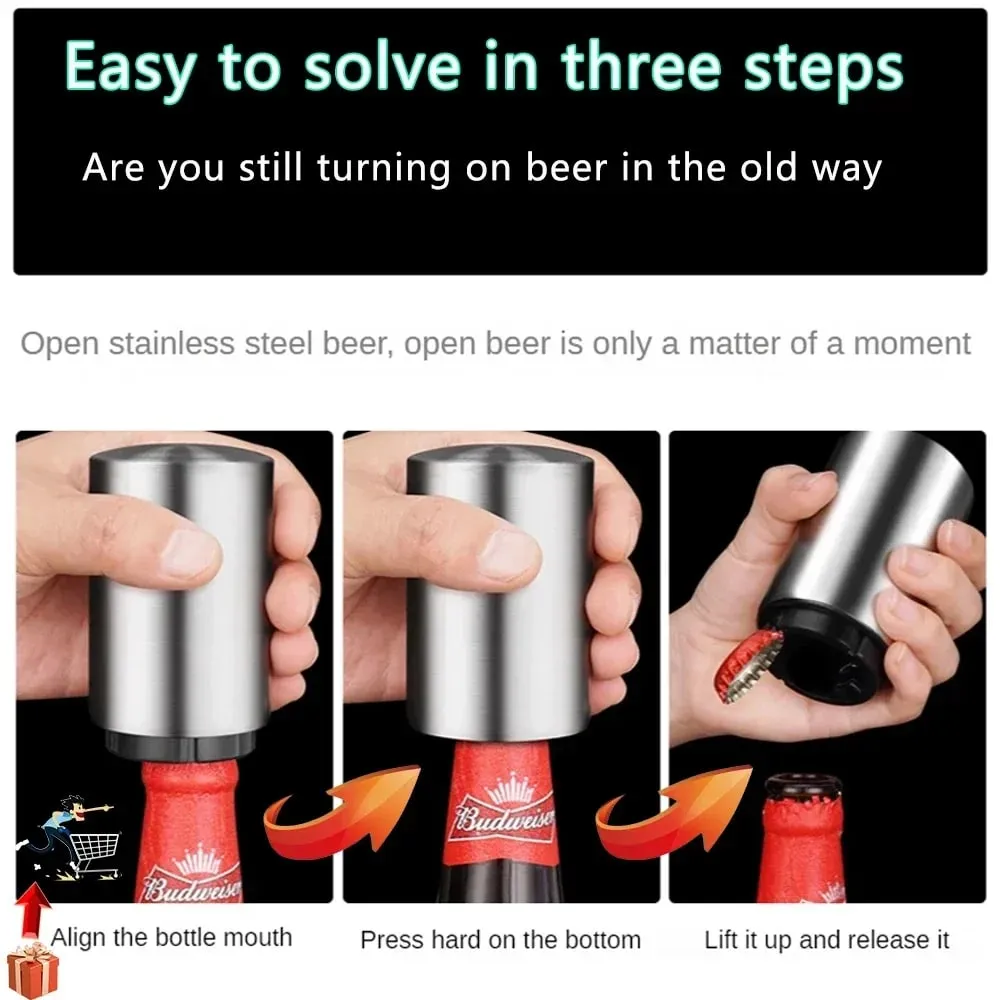 1/2Pcs Automatic Beer Bottle Opener Stainless Steel Push Down Opener for Magnet Beer Soda Cap Bar Party Kitchen Accessories
