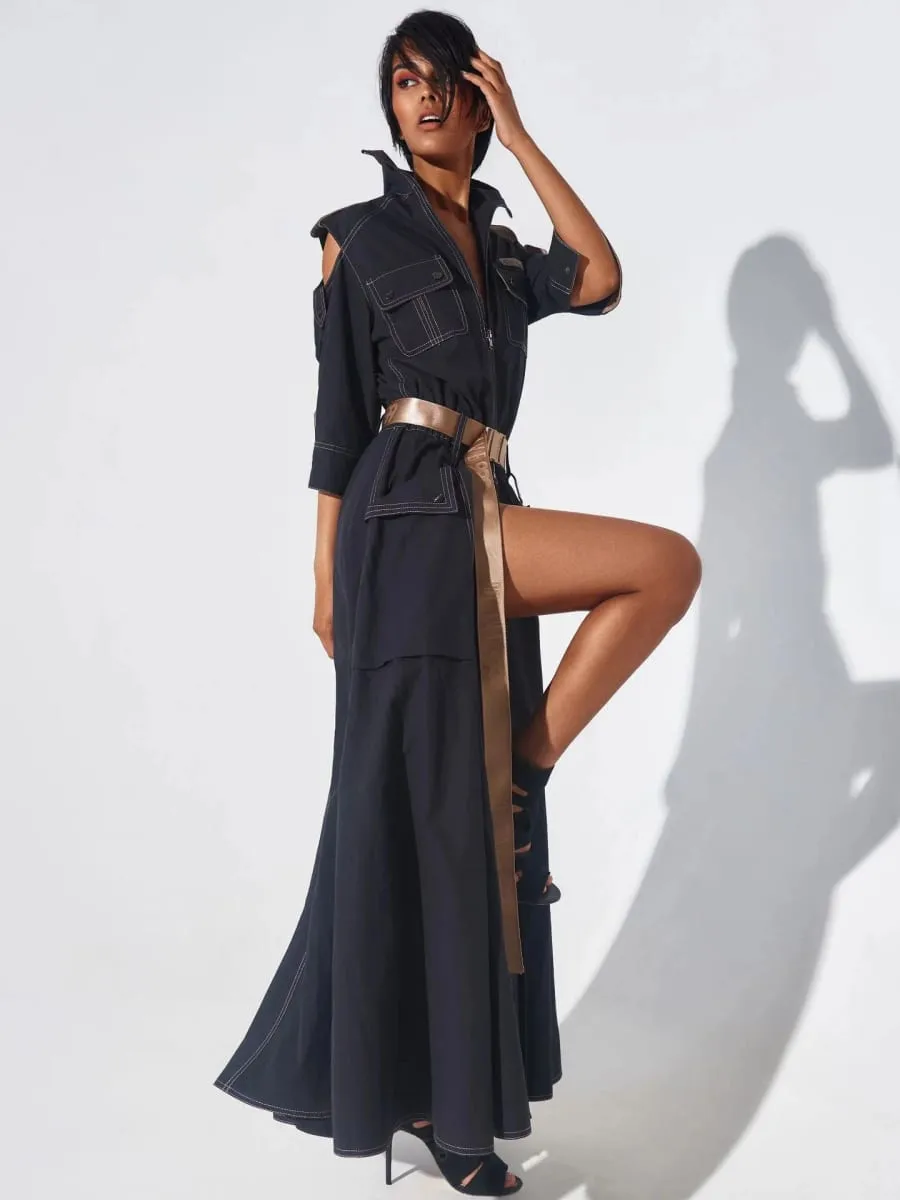 Summer Dress for Women 2026 Retro Turn-down Collar Cold Shoulder Half Sleeve Zipper Belt Pockets Split High Waist Maxi Dresses — image 5