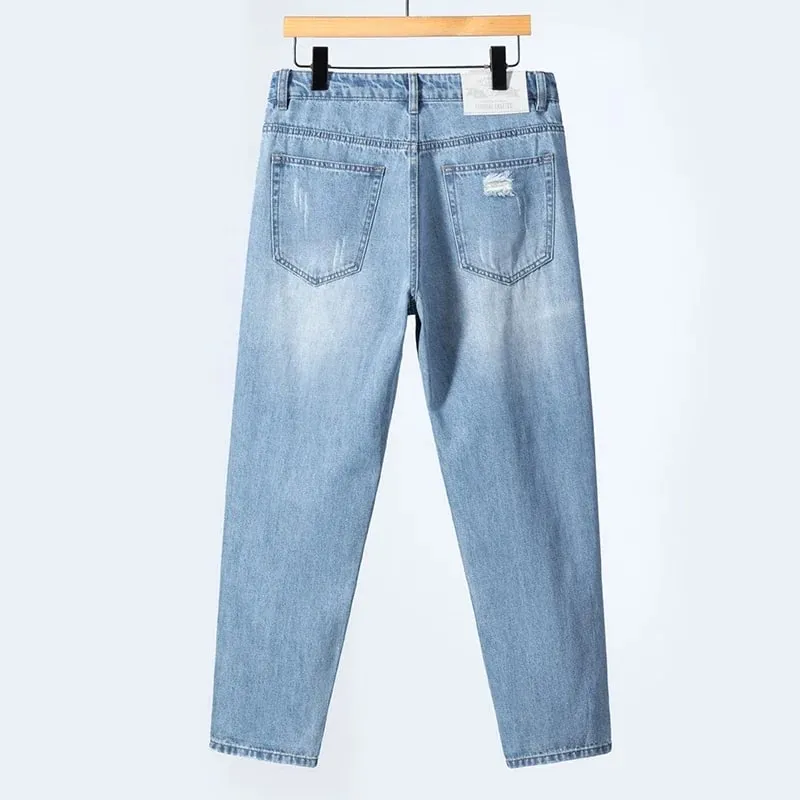 Summer Thin Ripped Jeans Mens Straight Breathable Washed Denim Trousers Casual Streetwear Harlen Ankle Length Pants Light Blue — image 3