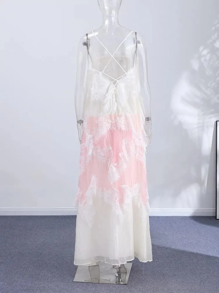 Lace Spaghetti Strap Puffy Dresses Women's Slim Sleeveless Backless Floor-length Dress 2026 New Ladies Summer Vacation Outfit