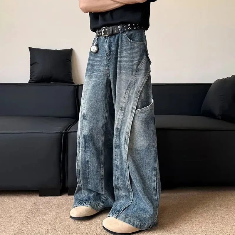 Korean Version Men'S Curved Knife Jeans With Loose Retro Design Straight Leg Pants Casual Large Pocket Wide Leg Pants