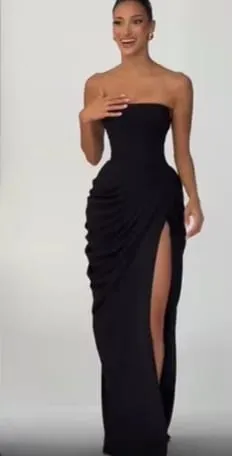 우아한 노란색 Strapless Pleated 롱 드레스 여성 세련된 솔리드 민소매 허리 Cinching 분할 가운 2026 레이디 이브닝 파티 가운