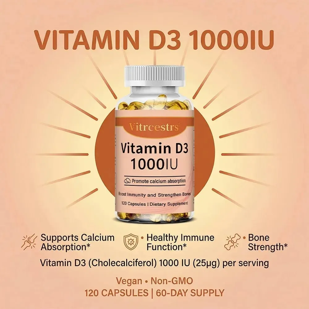 Vitamin D3 1000iu hỗ trợ miễn dịch Chức năng cơ bắp khỏe mạnh và sức khỏe xương - Non-GMO Gluten Free 120 Viên nang thực vật