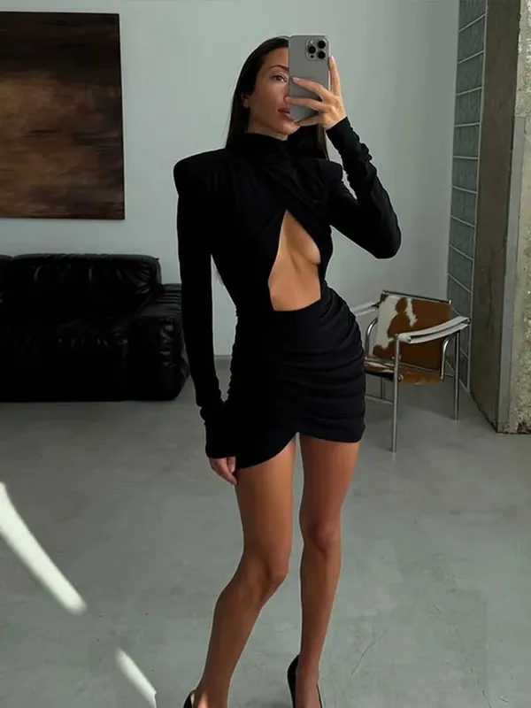 Jednořadé, jednořadé minišaty do A 2026 elegantní dámské límec do V s plným rukávem a vysokým pasem Vestidos Dámské šaty pro dojíždění do ulice