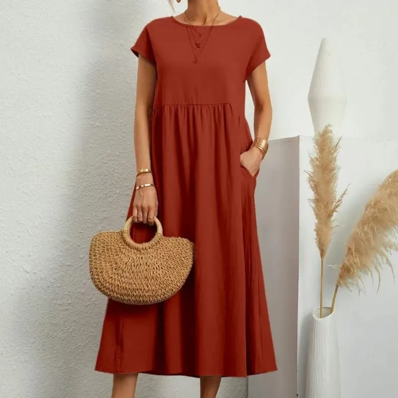 Premium Elegant Solid Cotton Linen Dress Summer Midi with Pockets Loose Fit Casual Crew Neck Short Sleeve for Beach Travel