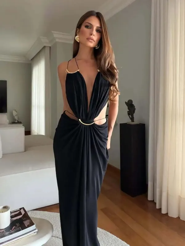 Solid Color Spaghetti Strap Sleeveless Maxi Gown Women Sexy Deep V Cutout Waist Ruched Evening Dress Summer Elegant Party Wear