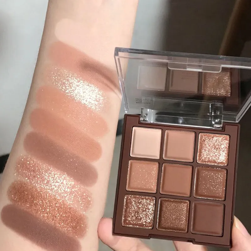 9 Colors Glitter Eyeshadow Palette Chocolate Brown Shimmer Matte Acrylic Eye Shadows Palette Waterproof Korean Makeup Cosmetics