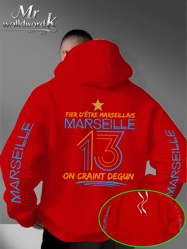 Мужская толстовка с капюшоном Marseille 13 City с несколькими принтами на рукавах и буквами сзади, осенне-зимняя флисовая свободная толстовка с капюшоном