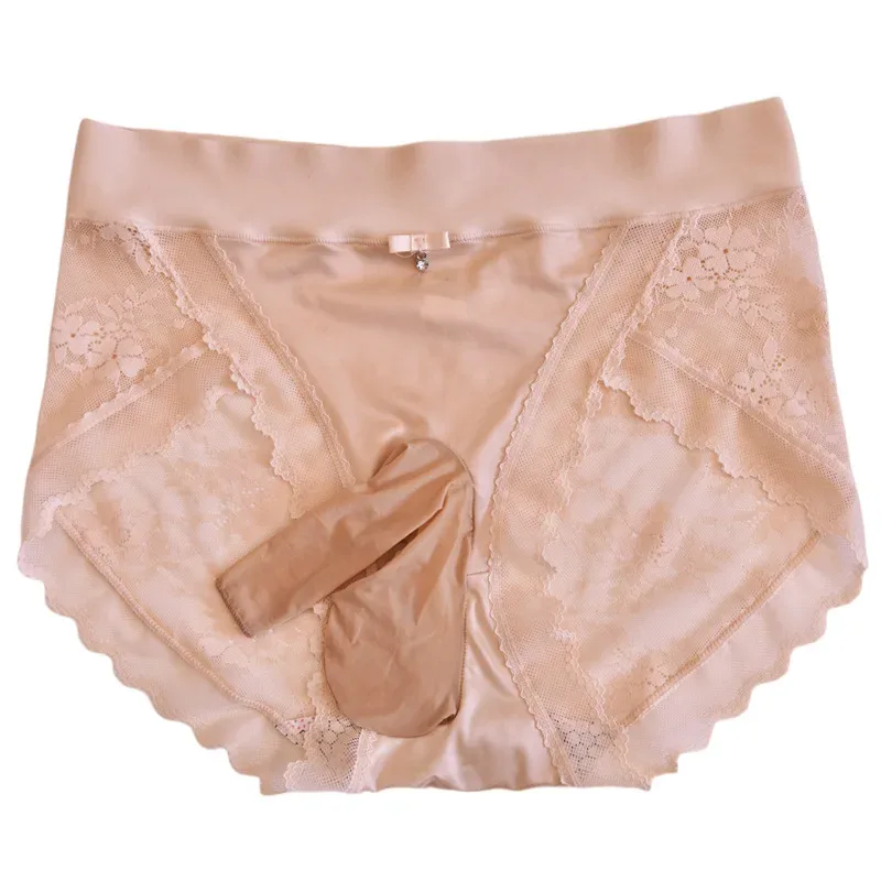 Hedvábné pánské kalhotky Krajka Saténové Erotické spodní prádlo Měkké ultra tenké kalhotky Sissy Feminization Spodní prádlo Zadní část Průhledné spodky