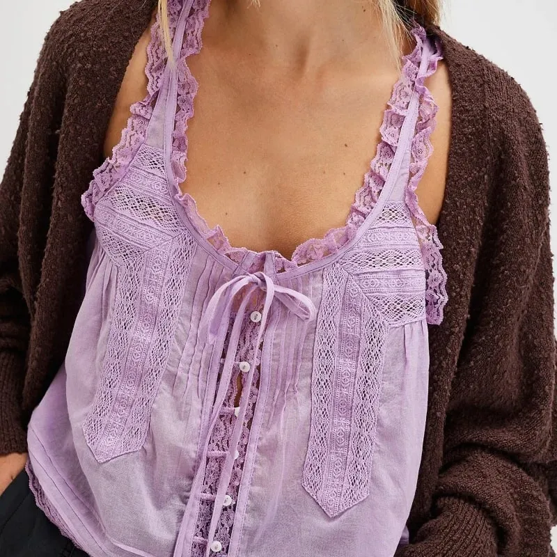 Y2K Button-up Lace Trim Patchwork Cami Tops Loose Fit Round Neck Vest Sleeveless Outwear Gilet Crop Tank Tops for Women