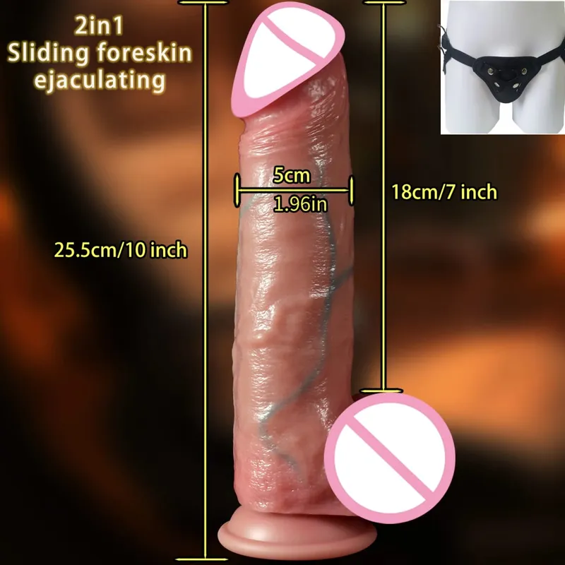 2 In1 Super Realistic Dildo Penis Sliding Foreskin Ejaculation Big Dick Penetration Anal Female Masturbation Sexy Adult Sex Toys