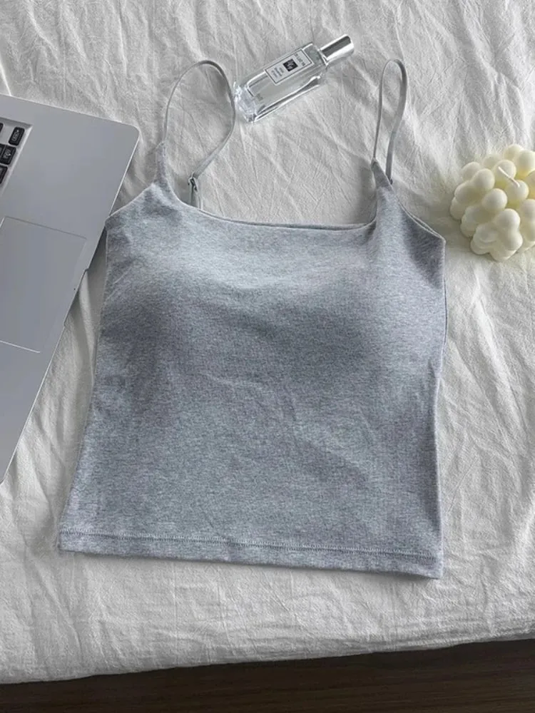 2026 Women With Built In Bra Spaghetti Strap Tanks Summer Camis Tank Casual Tops For Woman Solid Color Female Korean Style