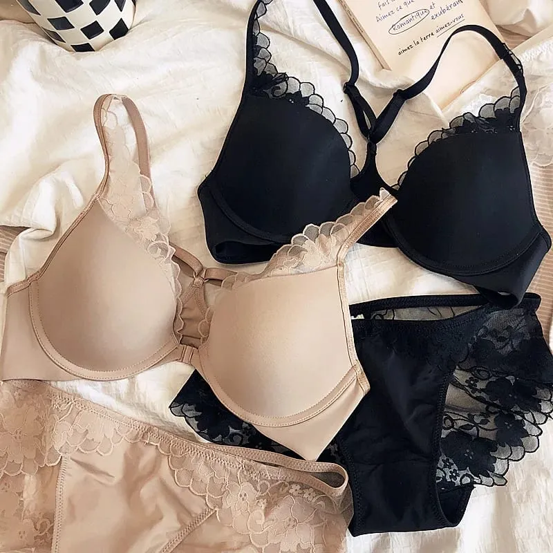Thin Glossy Cup Cross Backless Lace Front Closure Bra and Panties Set with Push Up Underwear Women Beautiful Sexy Lingerie — image 2