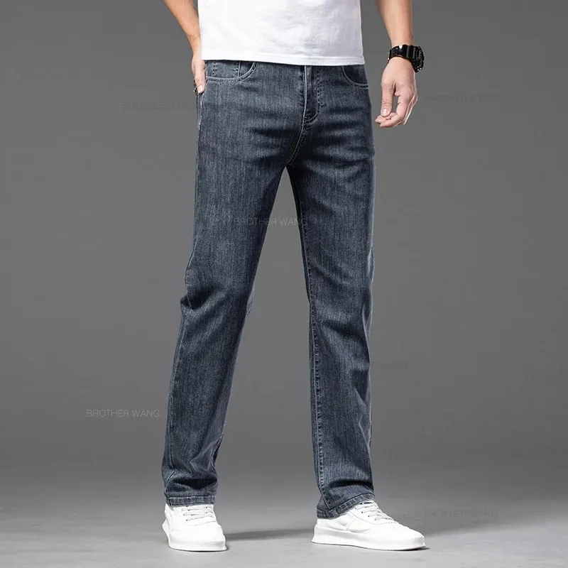 2026 Summer New Men's Thin Jeans Elastic Waist Loose Straight Comfortable Casual Denim Pants Brand Trousers Plus Size 42 44 46