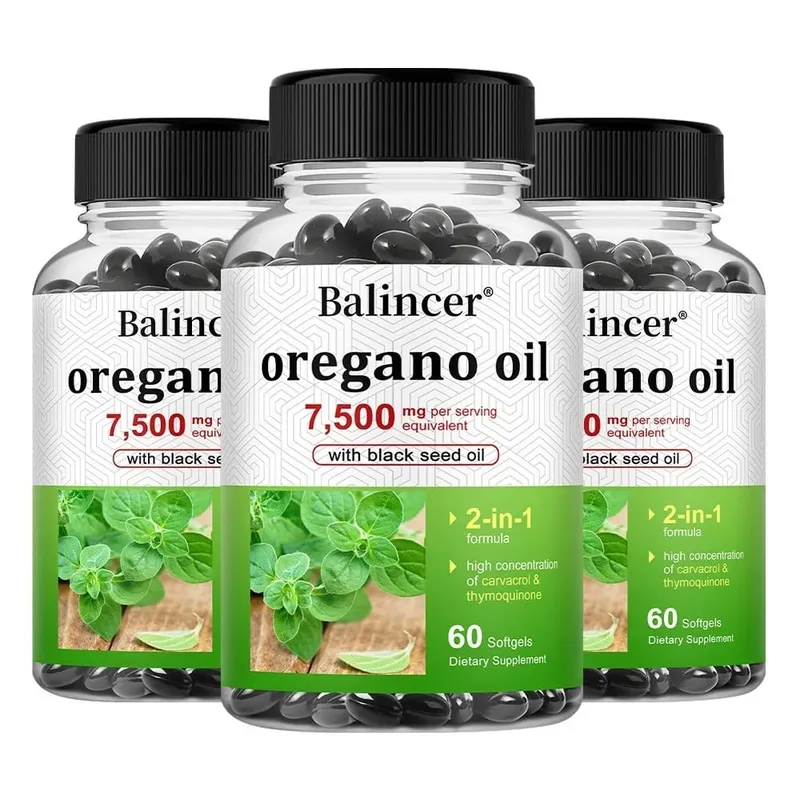 오레가노 오일 7 500 Mg(블랙 씨드 오일 포함) – 높은 카르바크롤 지원 소화기 뼈 신경 근육 및 면역 건강