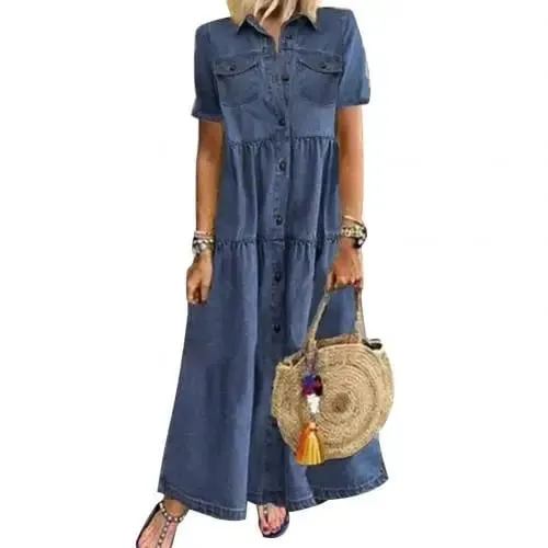 Retro Women Dresses 2022 Short Sleeve Turn Down Collar Pockets Button Long Loose Denim Dress Summer Long Dress