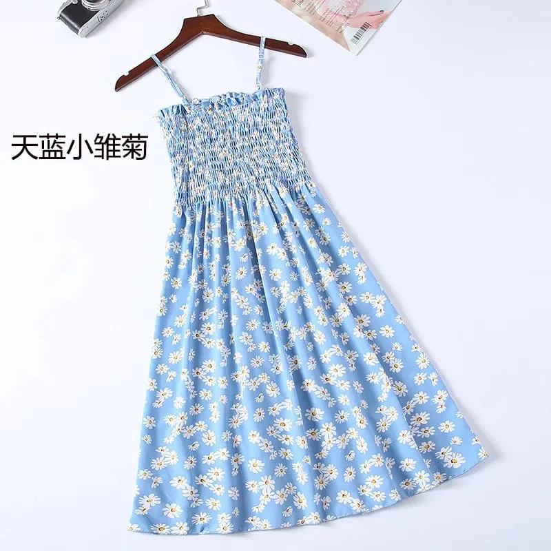 ฤดูร้อนมินิเดรสแฟชั่นหญิง Elastic High เอว Casual สปาเก็ตตี้สายคล้องคอผู้หญิงชุดชีฟอง Vestidos