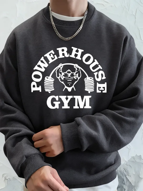 Powerhouse Tập Gym In Chữ Cái Nam Áo Nỉ Mùa Đông Nỉ Ấm Áo Hàn Quốc Rời Cổ Tròn Áo Chui Đầu Hip Hop Nam Quần Áo