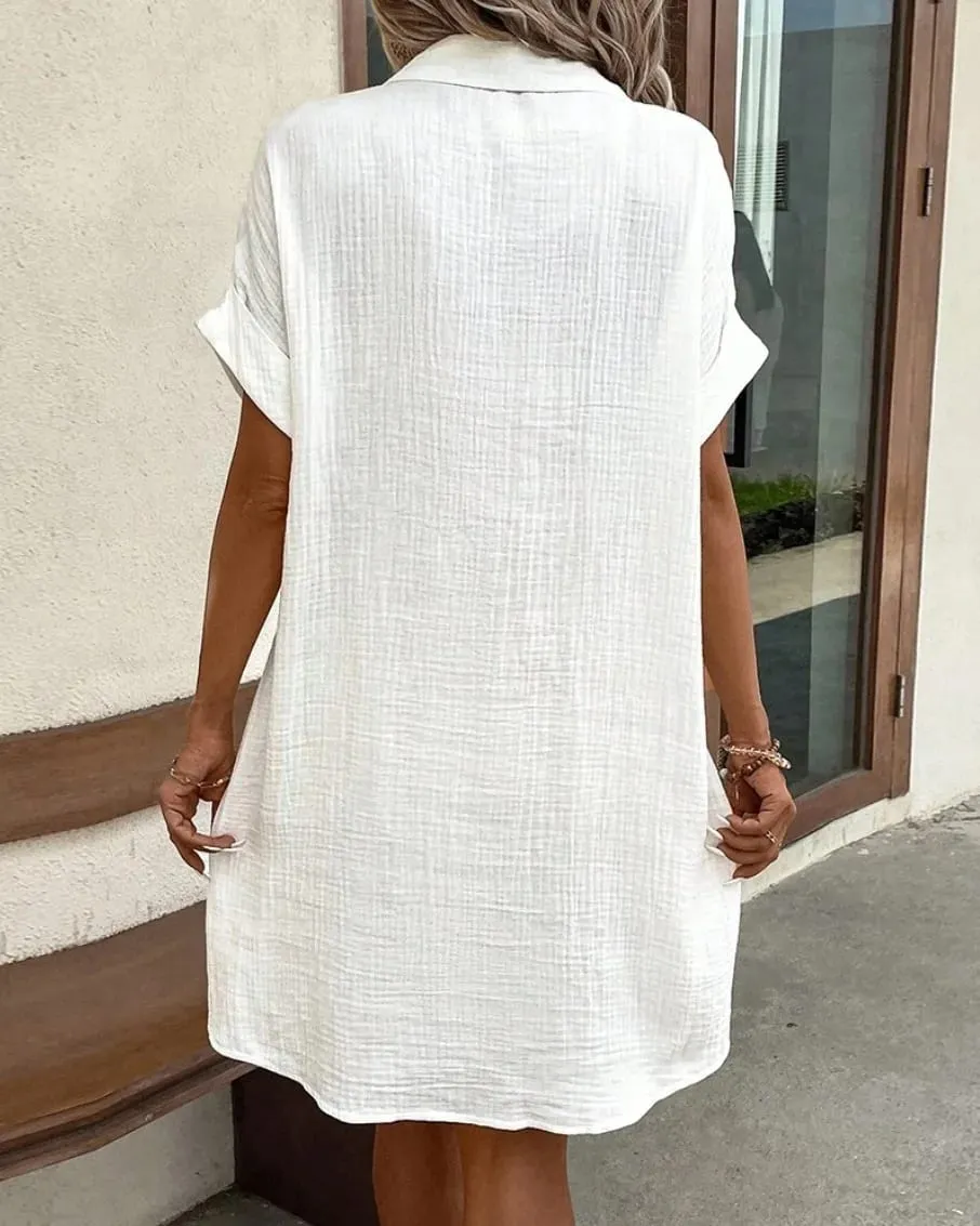 Modisches lockeres Kleid für Damen, einreihig, Raglanärmel, Kleider mit Tasche, Damen-Sommer-Tunika, kurzes Hemdkleid, Bürodame