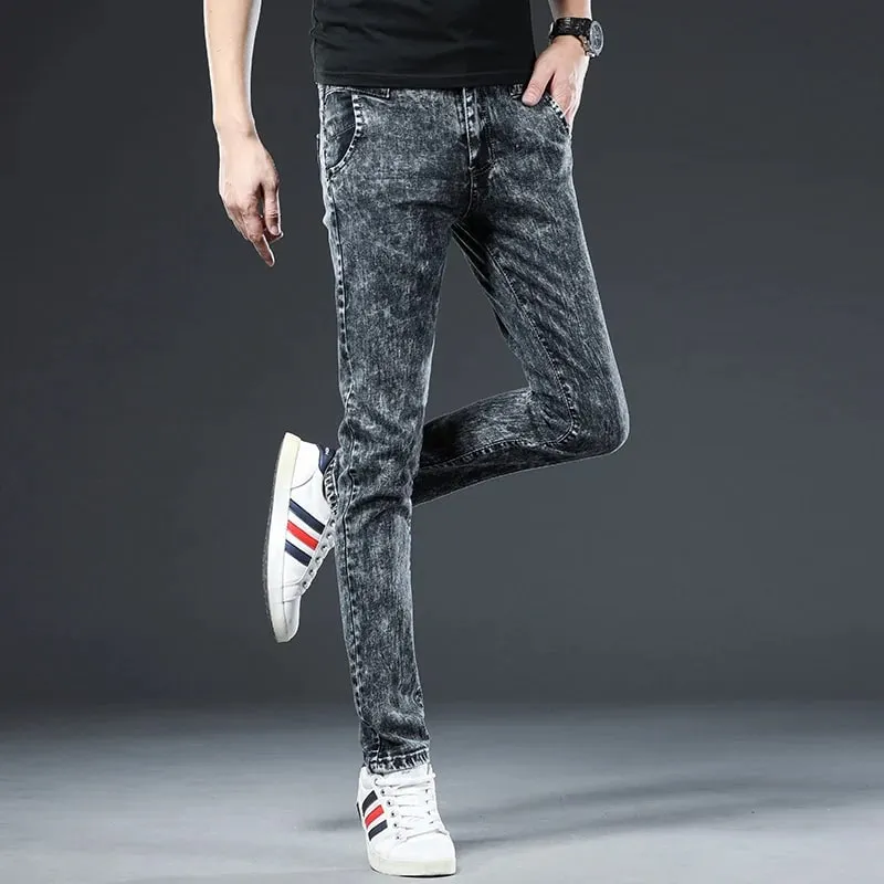 2024 Classic Korean Fashion Street Trendy Men Skinny Retro Snowflake Design Slim Fit Denim Pants New Elastic Cotton Men Jeans