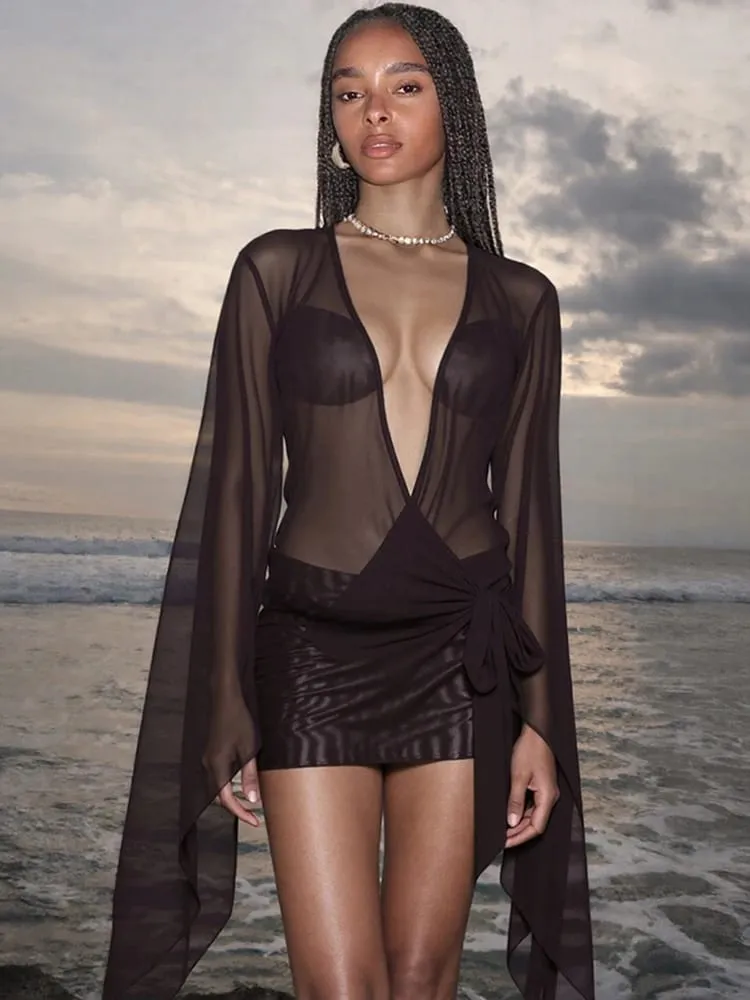 Weird Puss Mesh Sexy Sommerkleid Frauen Kreuz Verband Low-Neck Rückenfrei Aufflackernhülse Mitternachtskokette Mitternachtsparty, figurbetont