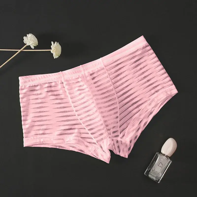 Transparent Underwear Sexy Men Ice Silk Striped Boxer Trunk Breathable Underpants U Convex Pouch Panties Man Boxer Briefs Short