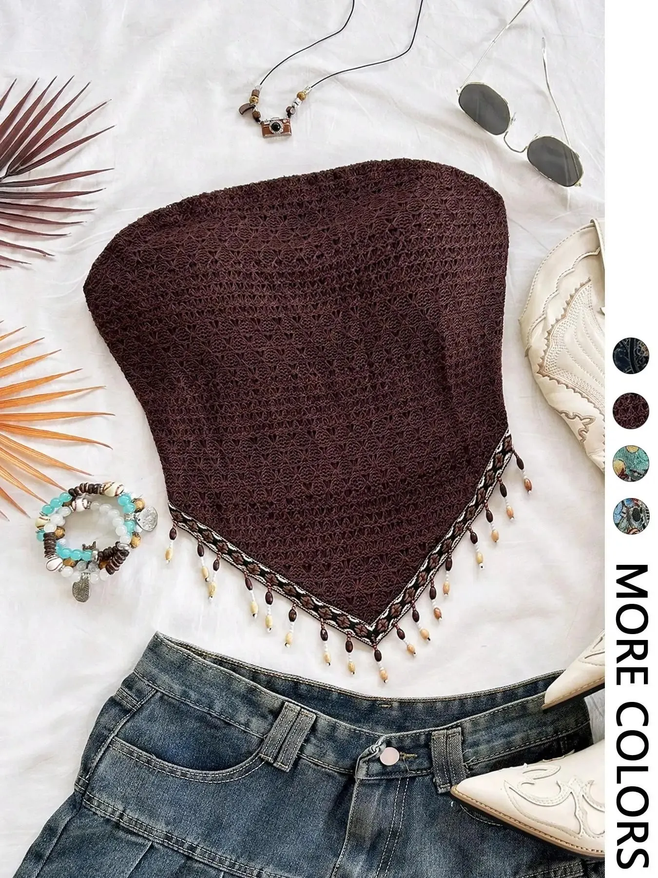 Ladies' 1pc Printed Mesh Knitted Tube Top with Triangular Hem And Beaded Fringe Trimmings — image 6