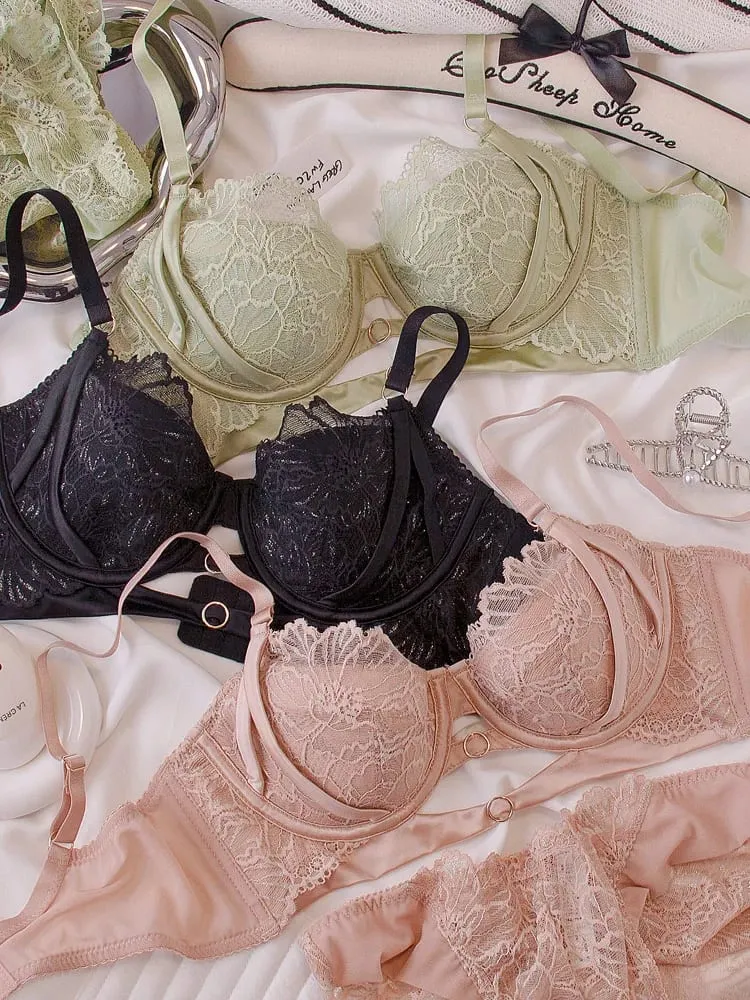 Anime Lace Bra Set Push Up Underwire Japan Kawaii Hollowed Bralette Small Chest Sexy Sheer Thin Cup Pure Girlish Lingerie Set — image 4